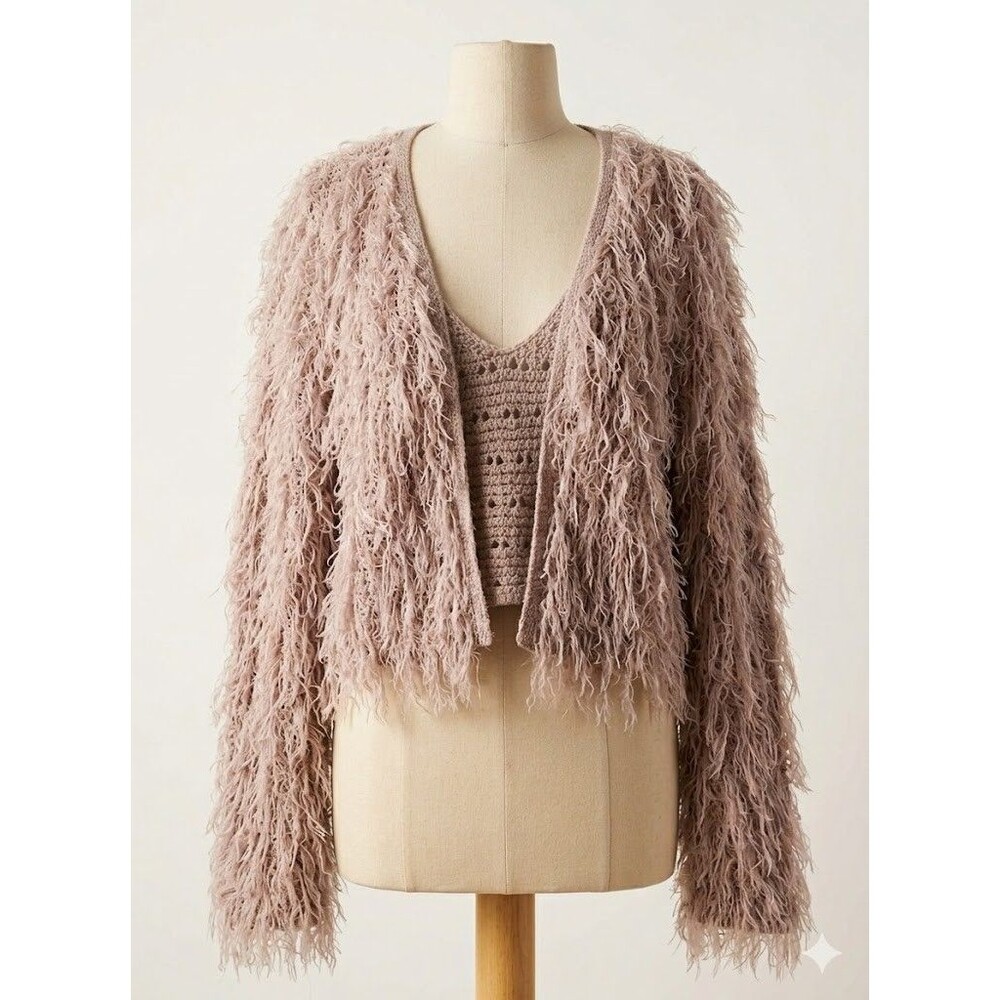 Vintage Y2K Early 2000 Windsor Pink Shaggy Faux Fur Cardigan Glam Boho Medium